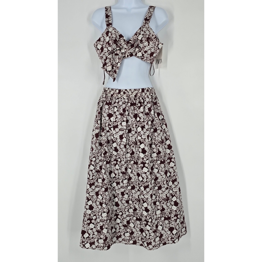 Zara Floral Burgundy High Waisted Midi Skirt and Crop Top Set Top M Bottom S NEW